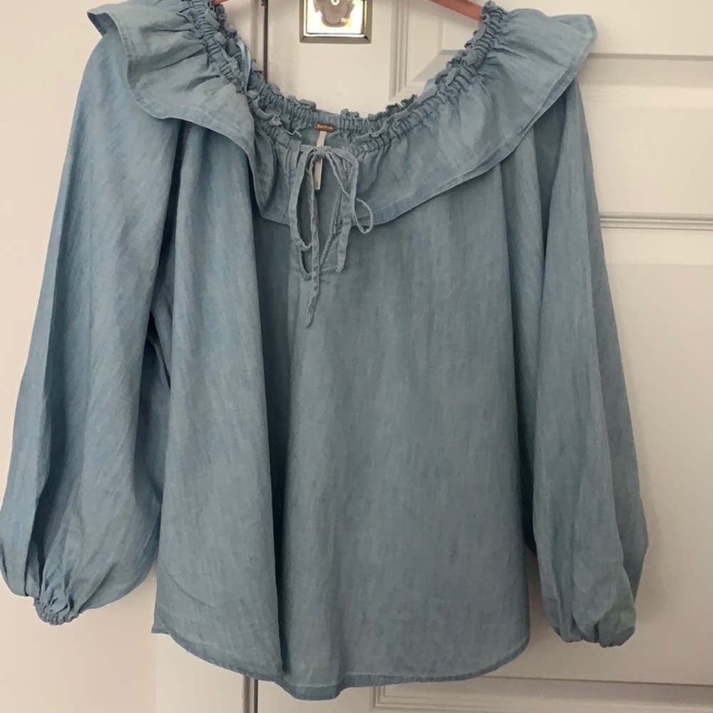 Brand New Free People denim chambray size small ruffle collar full sleeves